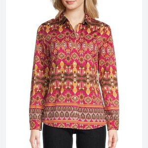J.Mclaughlin Lois Printed Stretch Sateen Long Sleeve Button Front Blouse Size XL